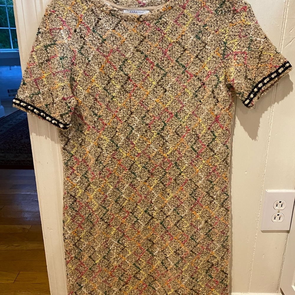 Zara woven shirt dress. Multi color. Pearls on trim